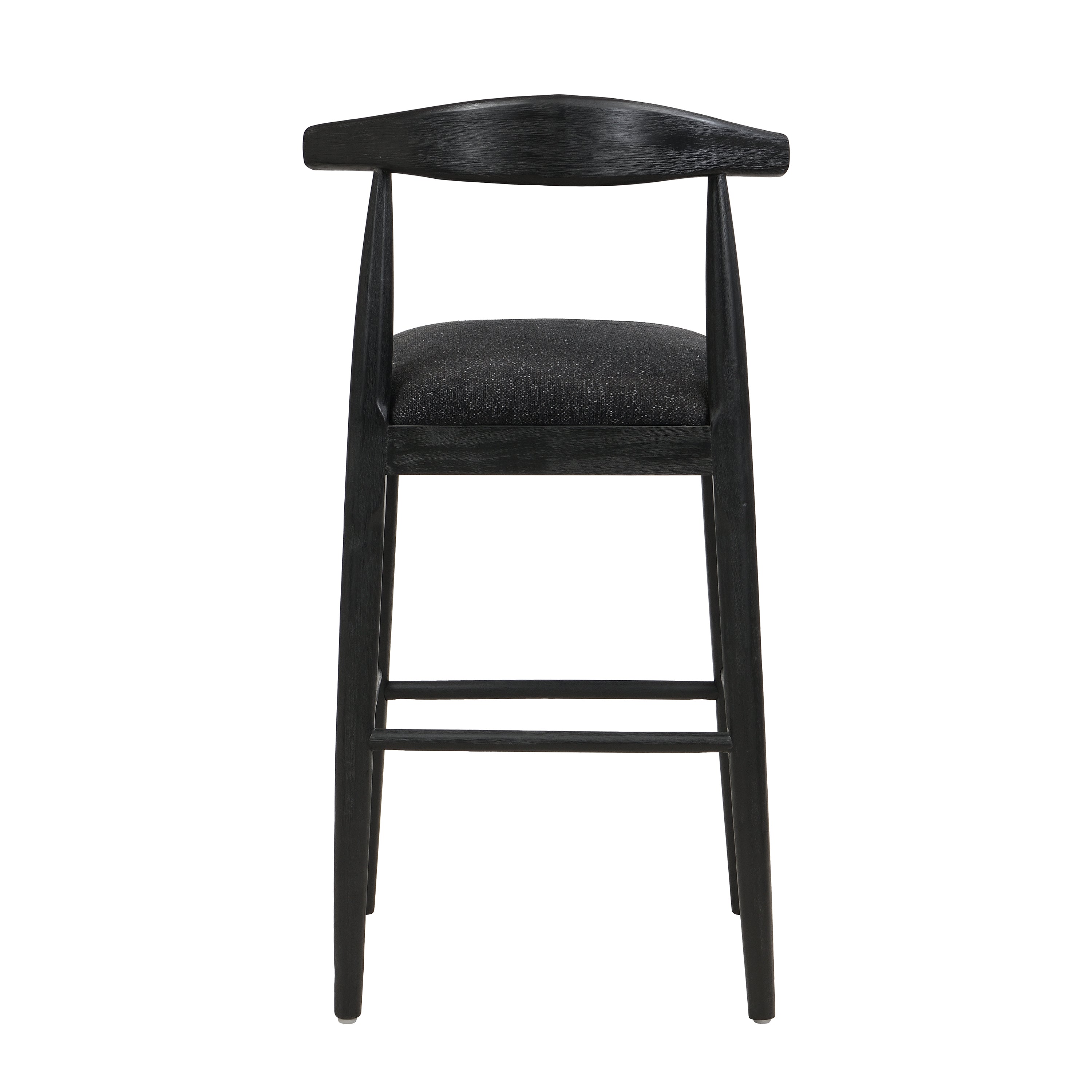 Rear view of black fabric bar stool showing curved open backrest and solid wood legs, designed for contemporary interiors.