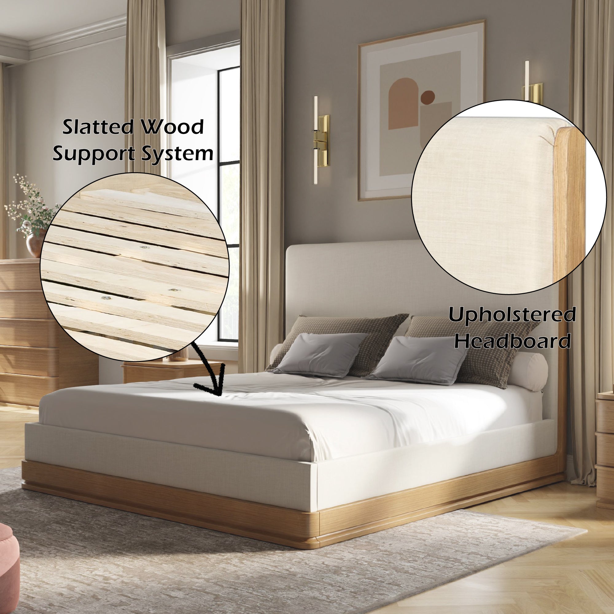 Close-up of Zoey Beige Fabric Oak Queen Bed highlighting slatted wood support system and upholstered headboard. Durable queen bed with no box spring needed.
