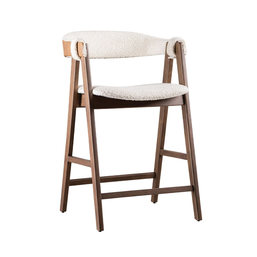 Mid-Century Modern 2pc Counter Stool in walnut finish with beige boucle fabric seat, perfect for stylish dining or bar seating.