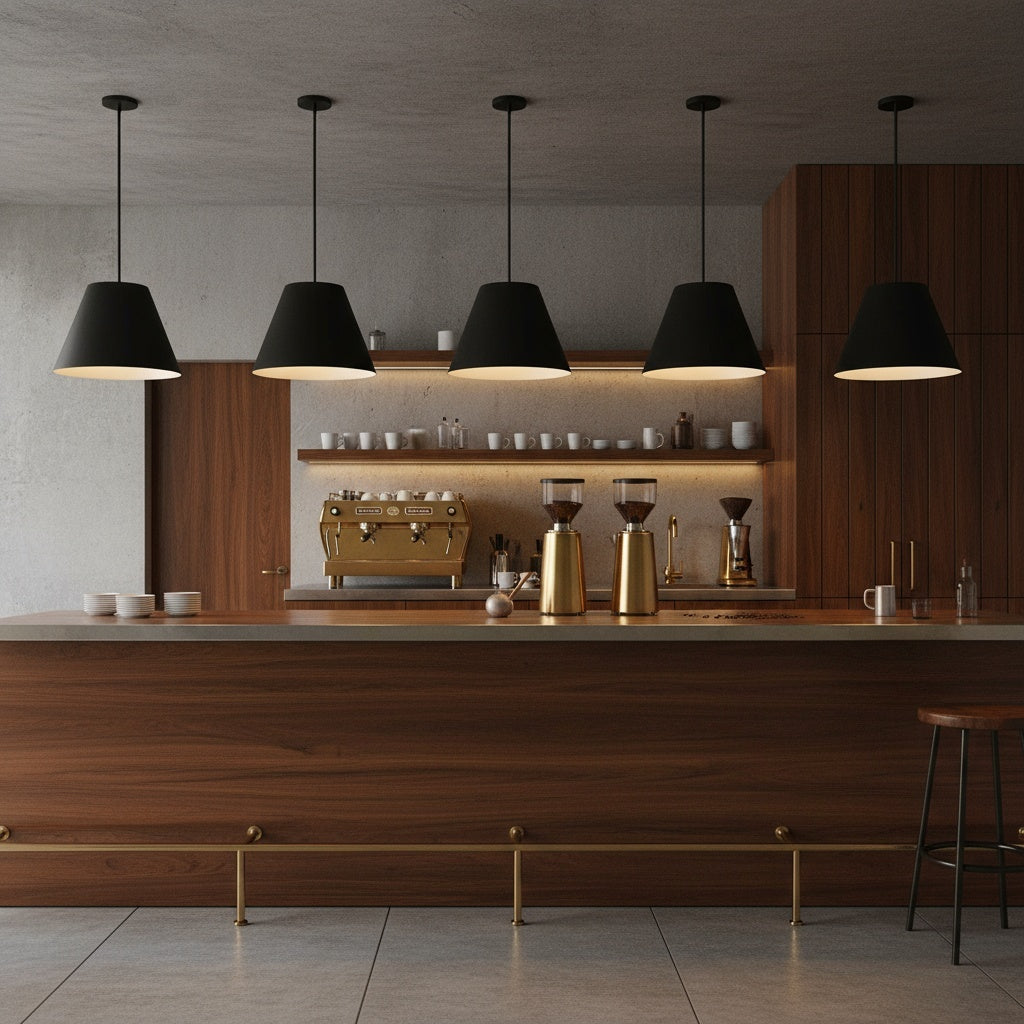 Row of 16 inch LED black pendant lights over a modern coffee bar. Energy-smart ceiling fixtures enhance commercial interiors.