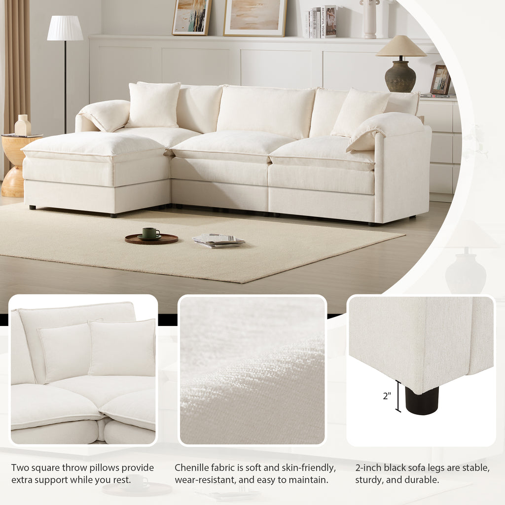 Chenille Modular Sofa features soft chenille fabric, throw pillows, and sturdy black legs, combining comfort and durability in a cream sectional.