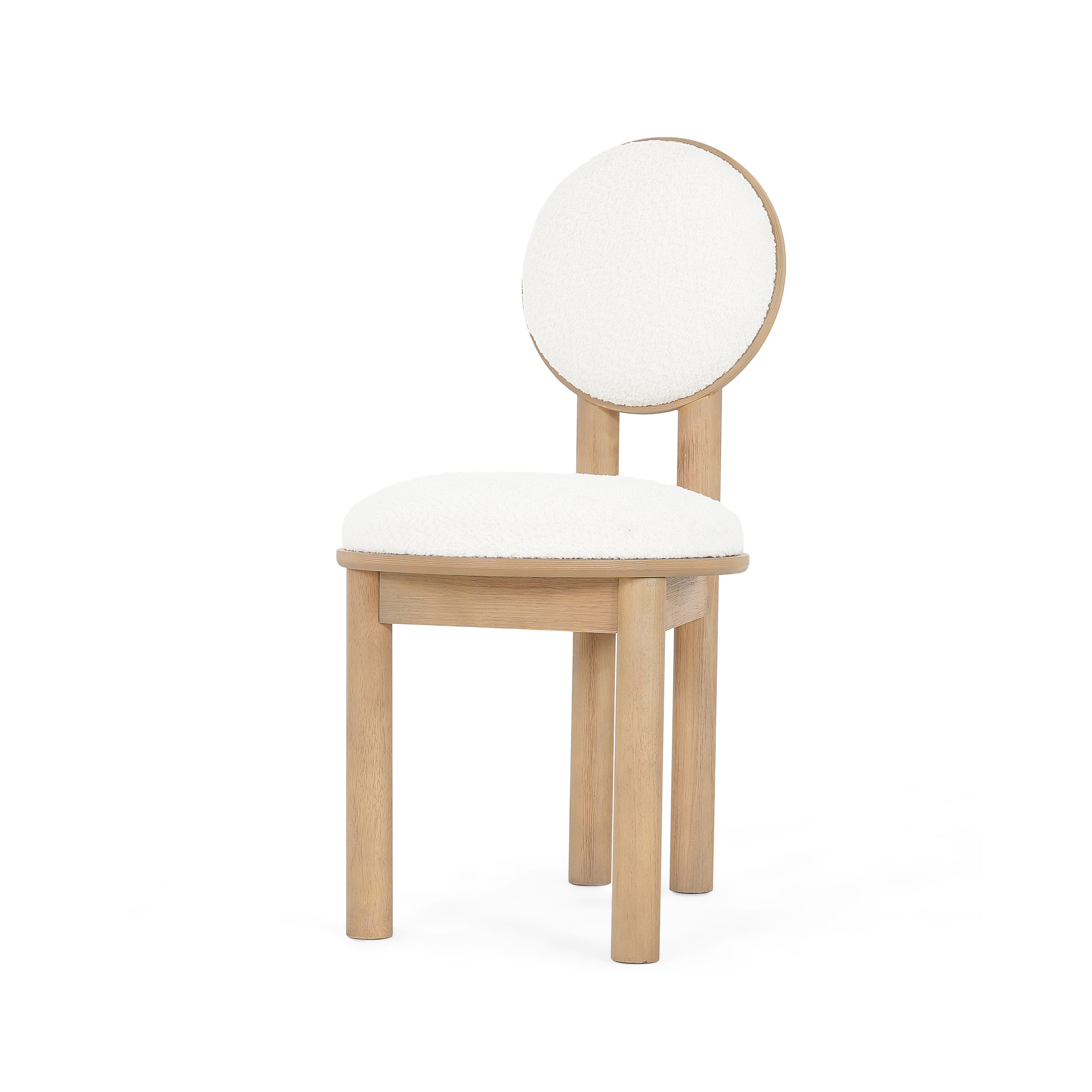 Front angled view of polyester dining chair with round seat and natural wood construction.