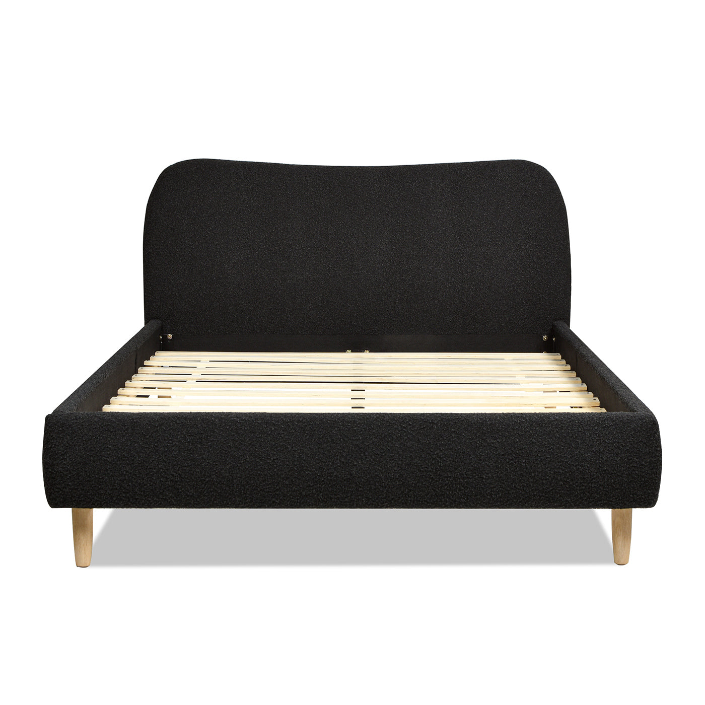Front view of Curved Upholstered Platform Bed Queen, Ebony Black Boucle with slatted base and gently curved headboard.