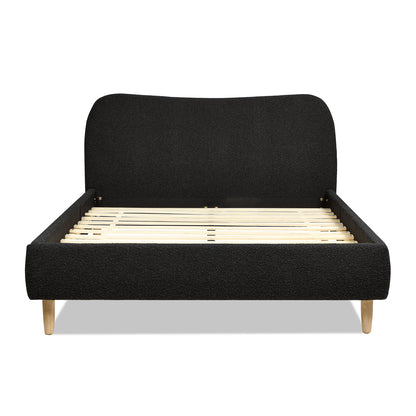 Front view of Curved Upholstered Platform Bed Queen, Ebony Black Boucle with slatted base and gently curved headboard.