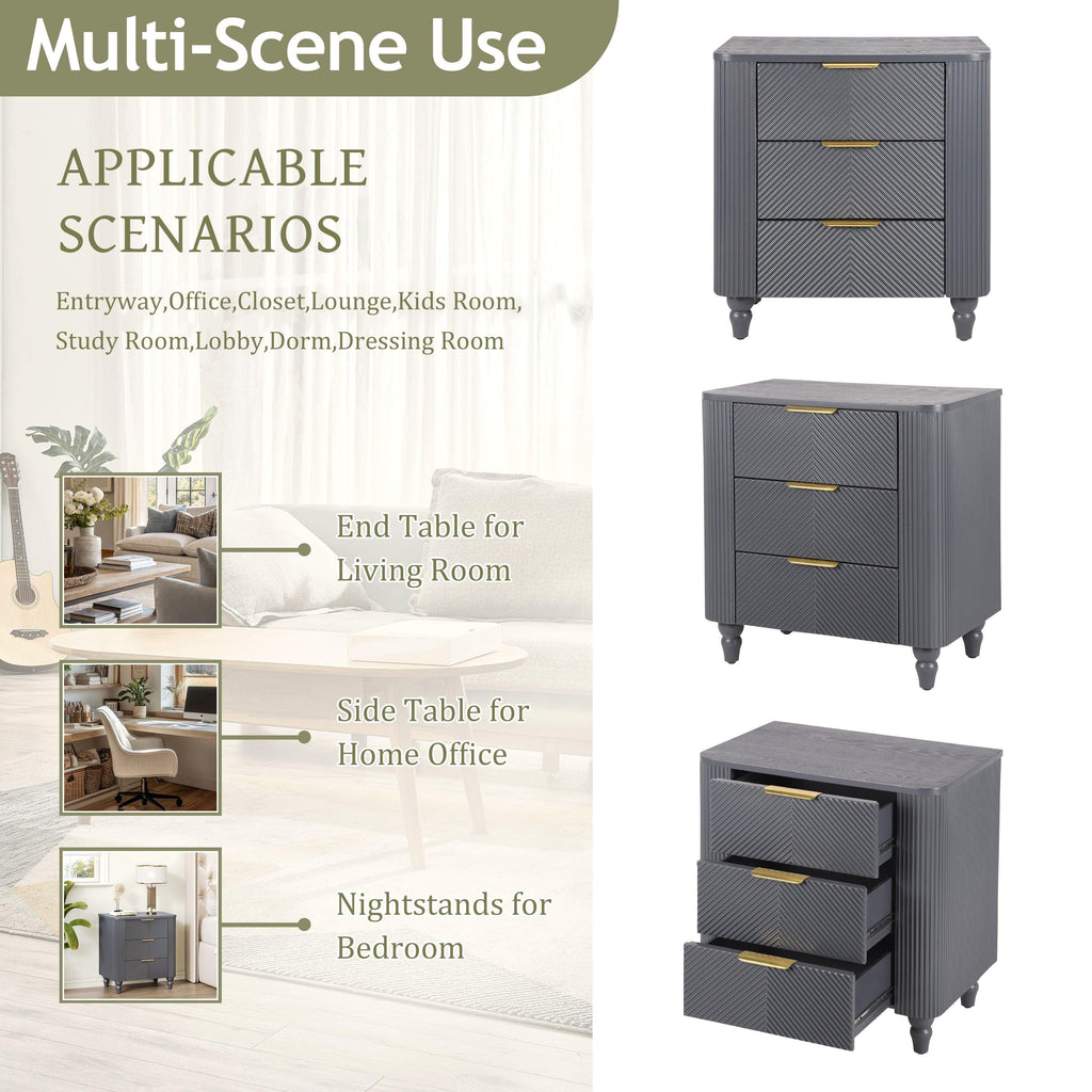 Mid-Century Nightstand with 3 Drawers in Dark Gray.