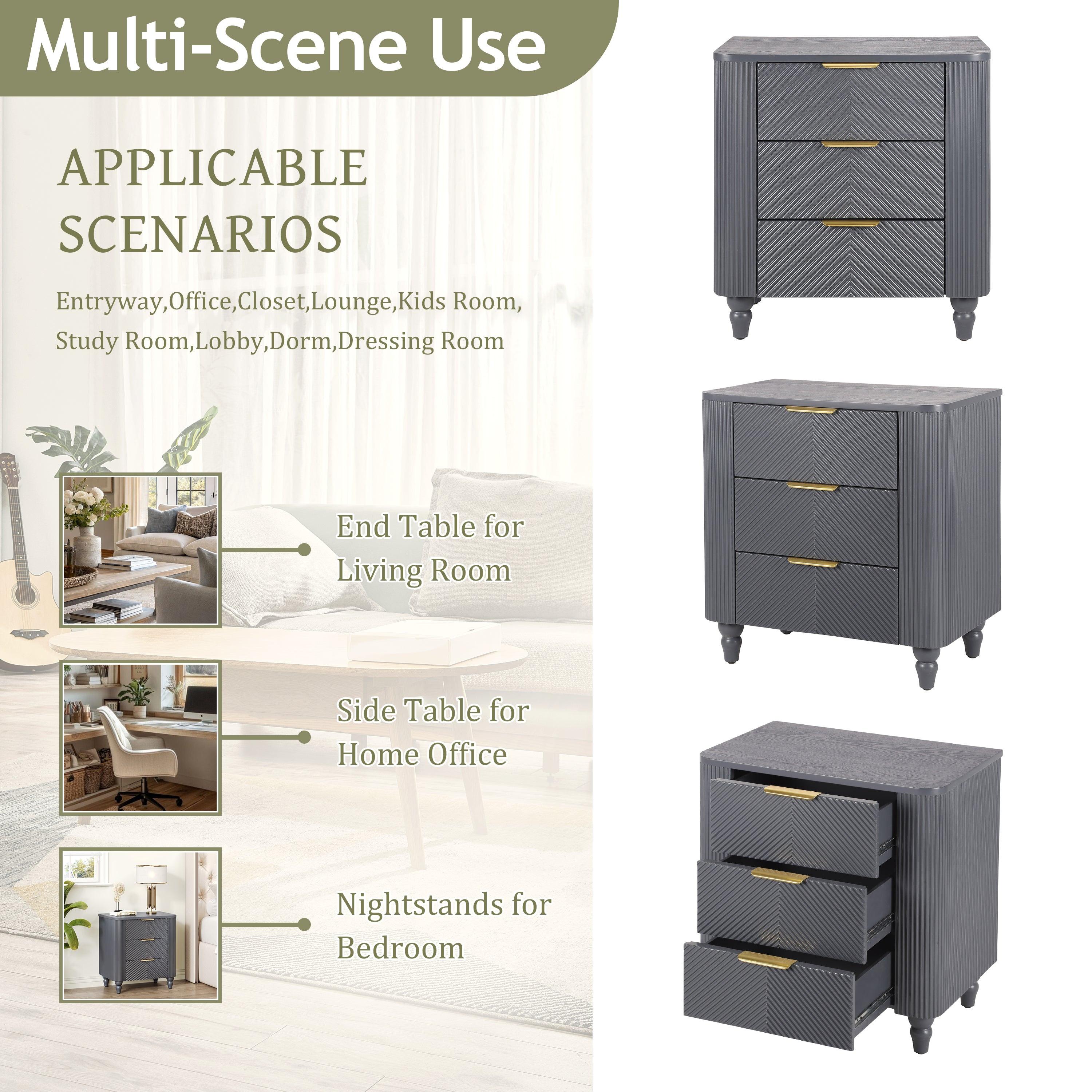 Mid-Century Nightstand with 3 Drawers in Dark Gray.