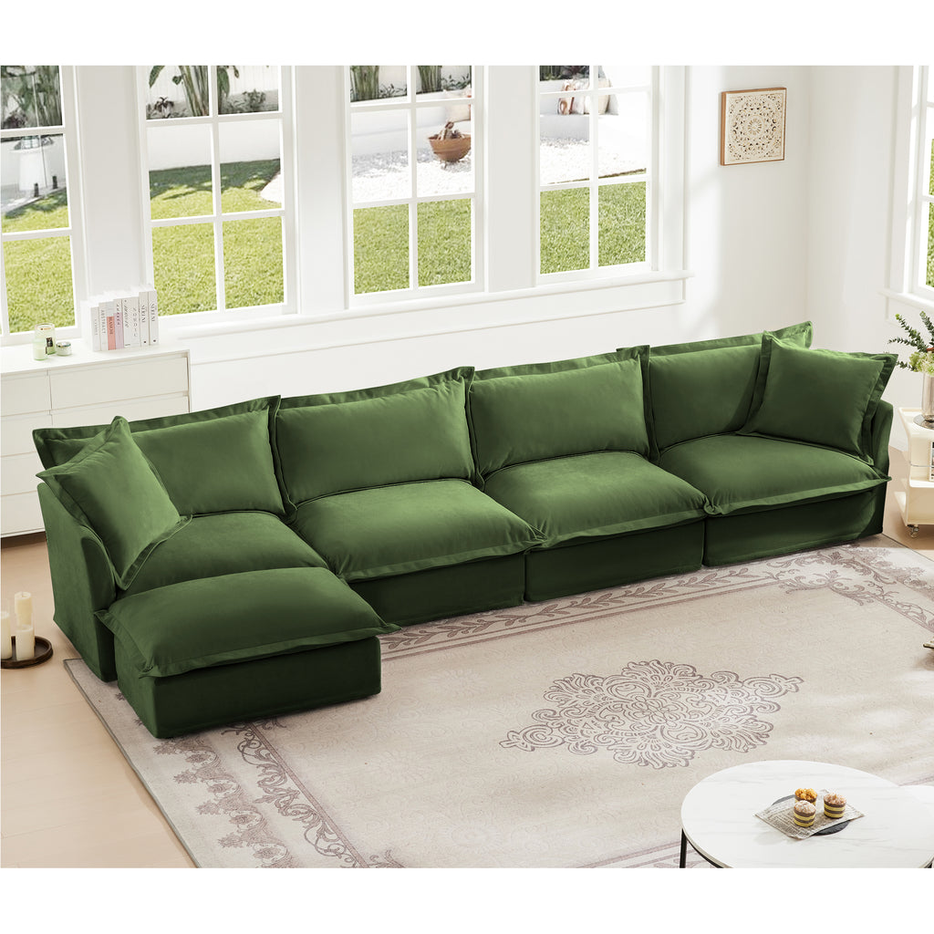 4-Seater Chenille L-Shape Slipcovered Sectional Sofa in Green