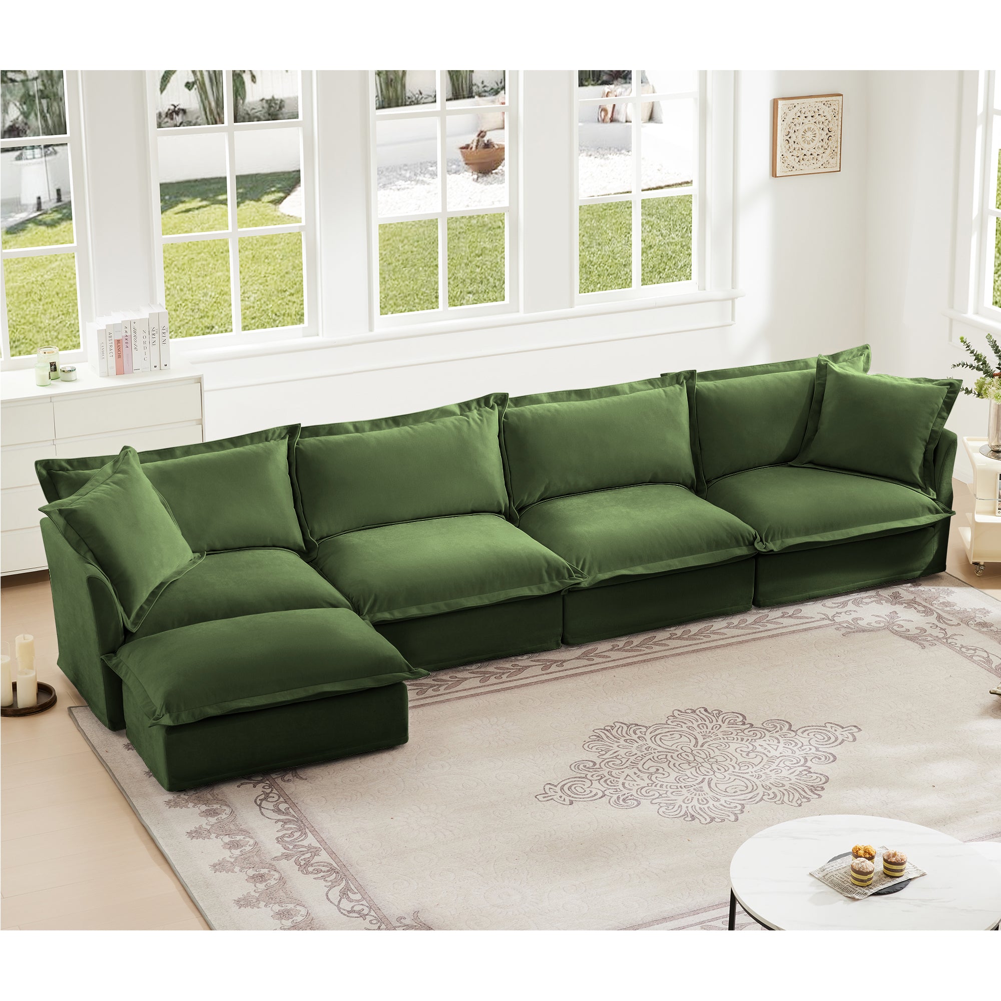 4-Seater Chenille L-Shape Slipcovered Sectional Sofa in Green