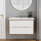 Front view of 32-inch floating bathroom vanity with soft-close drawers, ceramic sink, and walnut frame, perfect for modern interiors.