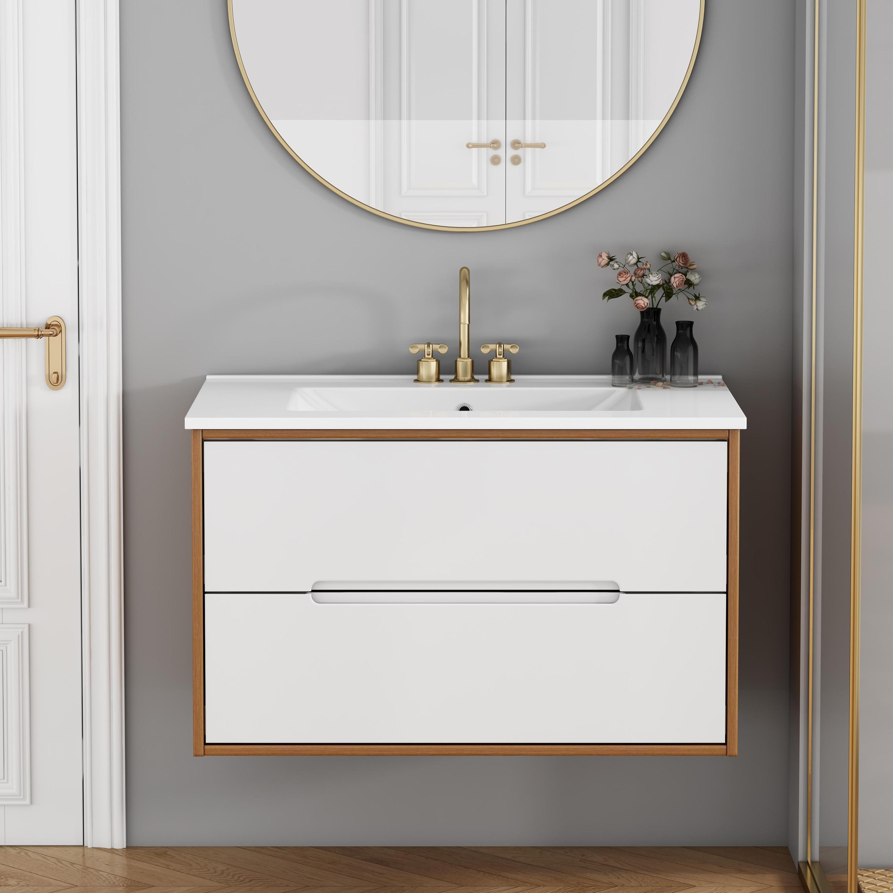 Front view of 32-inch floating bathroom vanity with soft-close drawers, ceramic sink, and walnut frame, perfect for modern interiors.