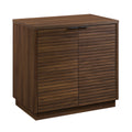 Library Base, Brown finish storage cabinet with two doors and slatted front design, ideal for office or home organization.