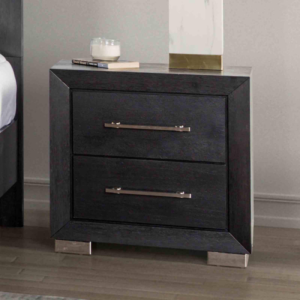 Black Contemporary Nightstand with Chrome Legs and USB Ports.