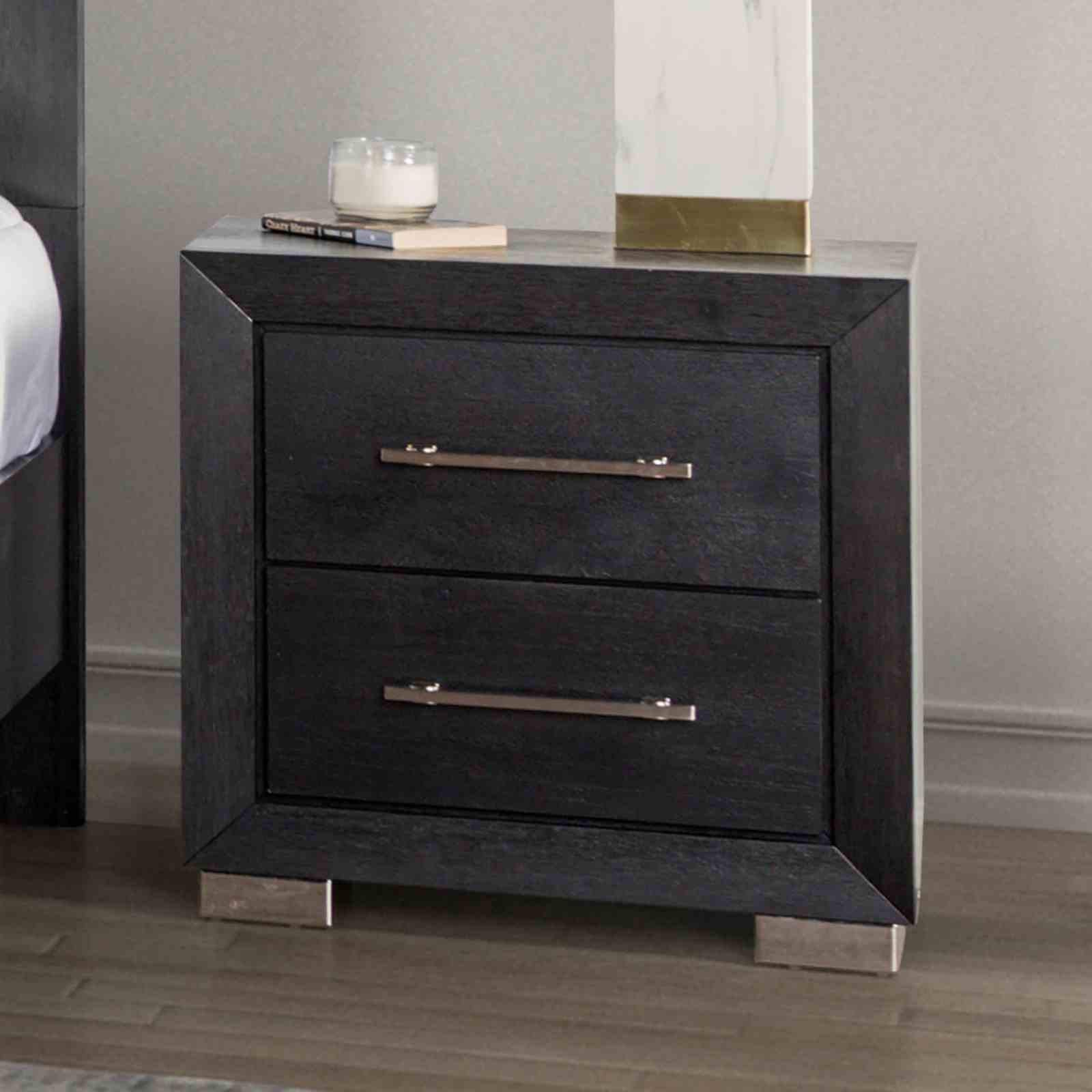 Black Contemporary Nightstand with Chrome Legs and USB Ports.