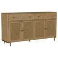 65-inch sand-washed sideboard with cane-panel doors, wood veneer, two drawers, and brass-finish hardware and legs.