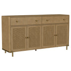 65-inch sand-washed sideboard with cane-panel doors, wood veneer, two drawers, and brass-finish hardware and legs.