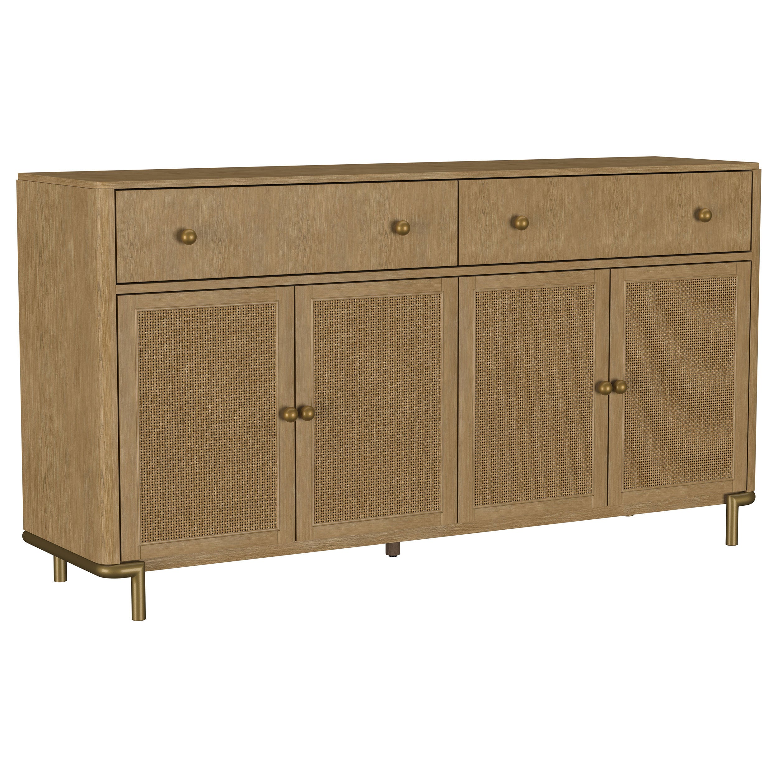 65-inch sand-washed sideboard with cane-panel doors, wood veneer, two drawers, and brass-finish hardware and legs.
