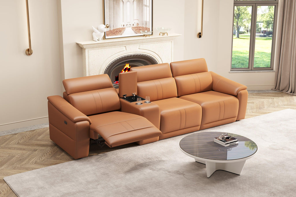4-Piece Modular Leather Sofa with Cup Holders for Living Room.