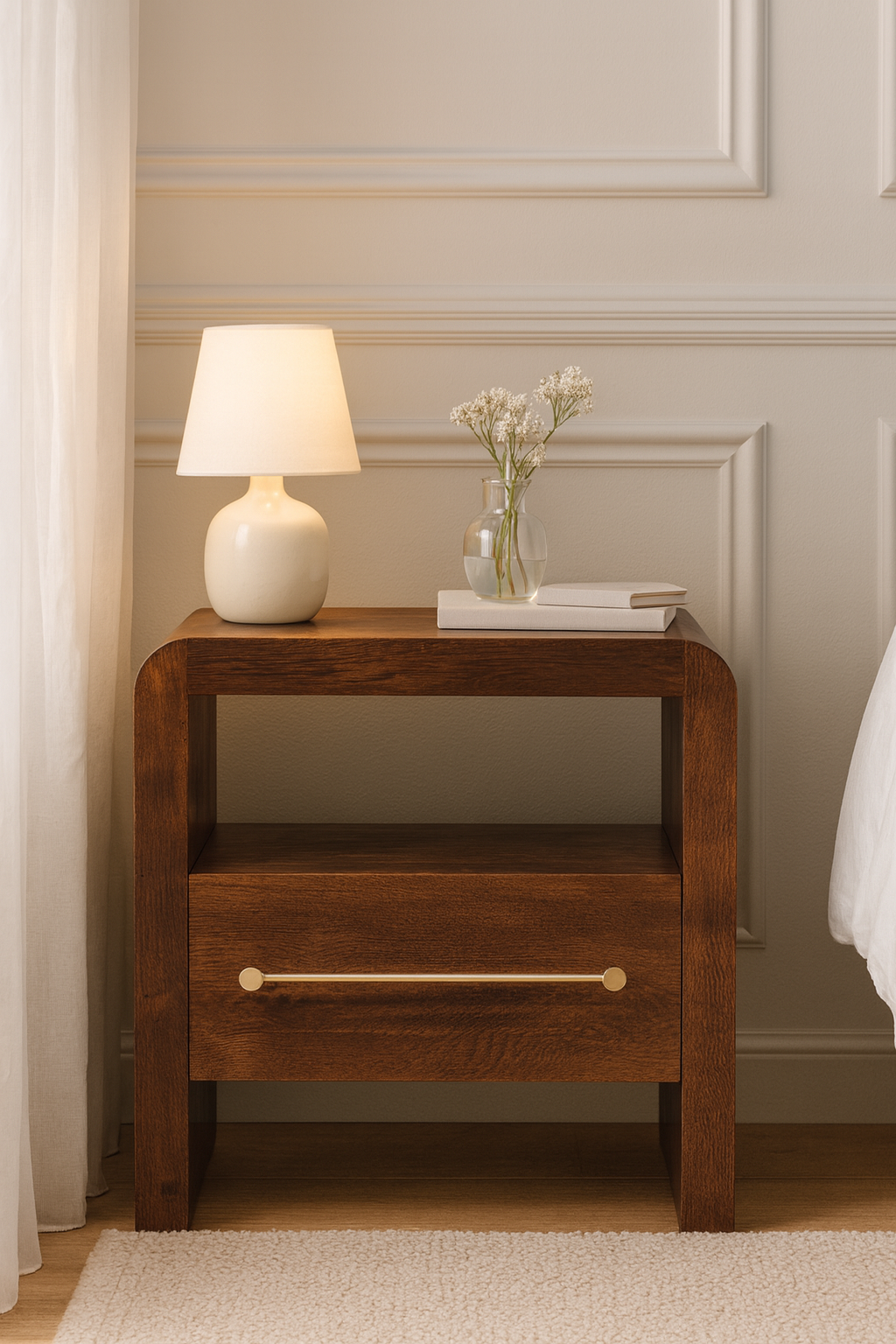 Solid Wood Tiger Oak Open Bedside with Brass Handle,1-Drawer,1 Shelf