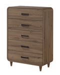 Contemporary tall wood chest with rounded edges, five spacious drawers, and black handles on a brown woodgrain finish.