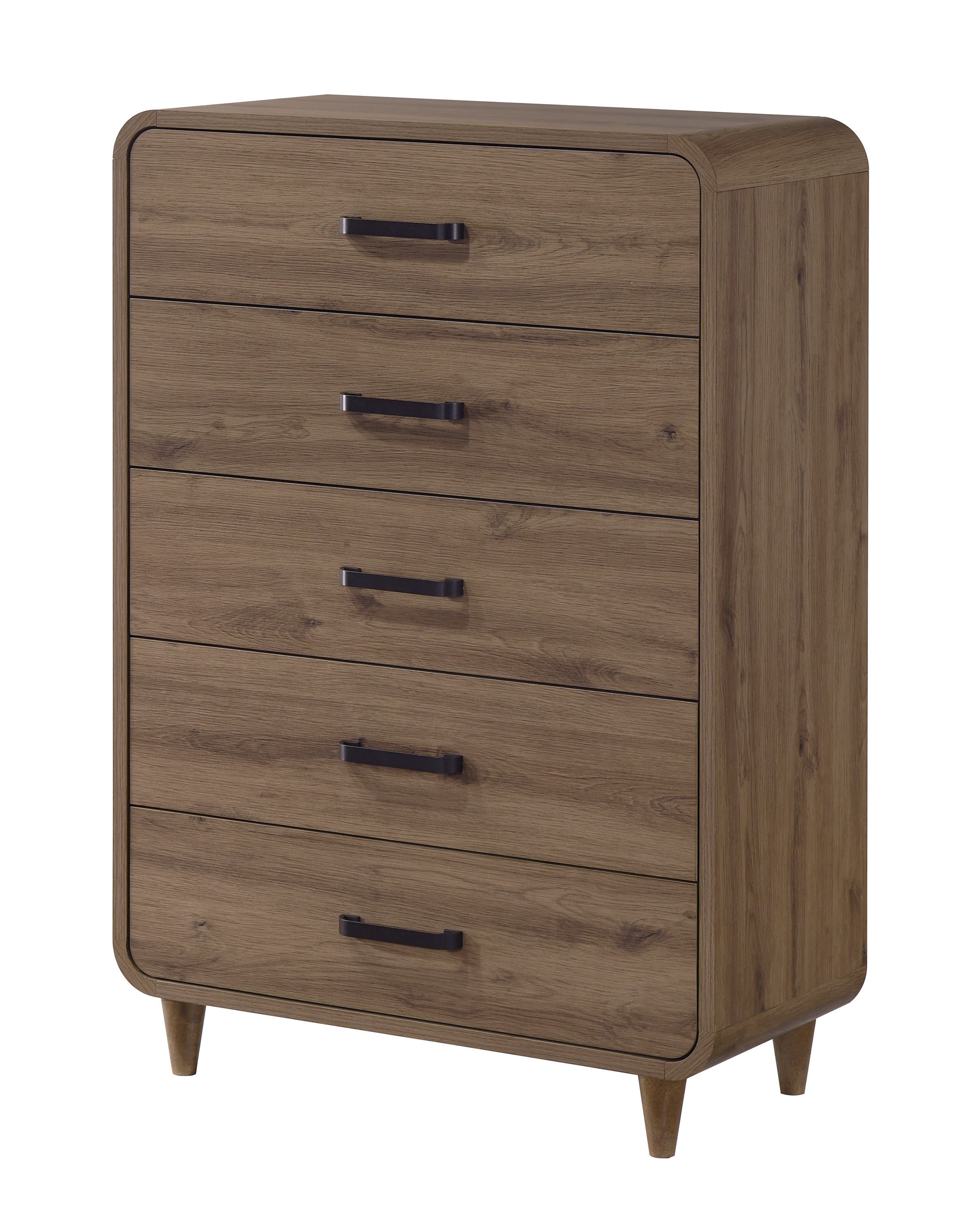 Contemporary tall wood chest with rounded edges, five spacious drawers, and black handles on a brown woodgrain finish.