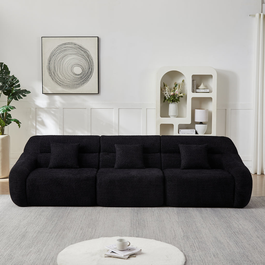 Straight-line setup of Modern Black Modular Sofa - 4-seater chenille with plush cushions, ideal for modern minimalist interiors.