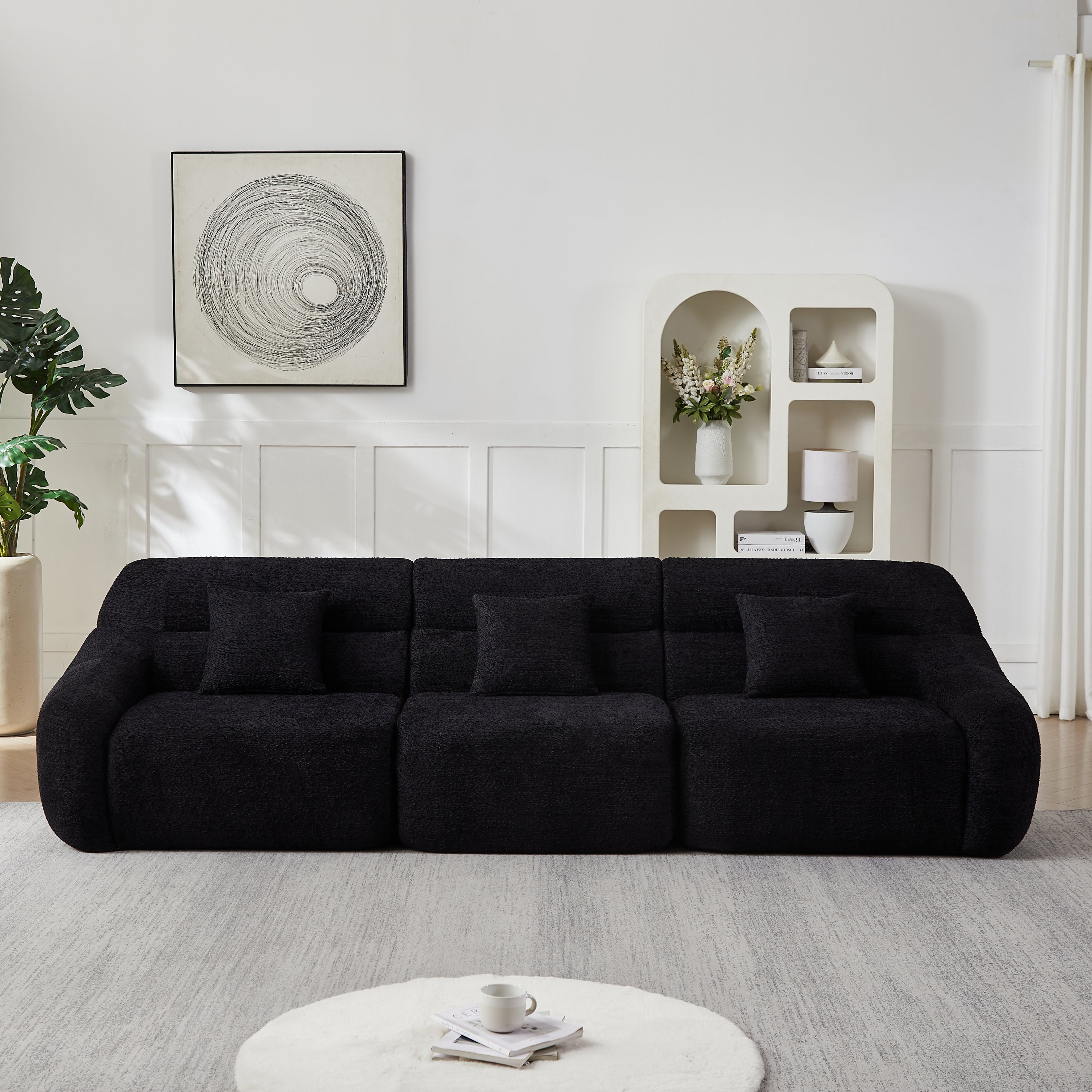 Straight-line setup of Modern Black Modular Sofa - 4-seater chenille with plush cushions, ideal for modern minimalist interiors.
