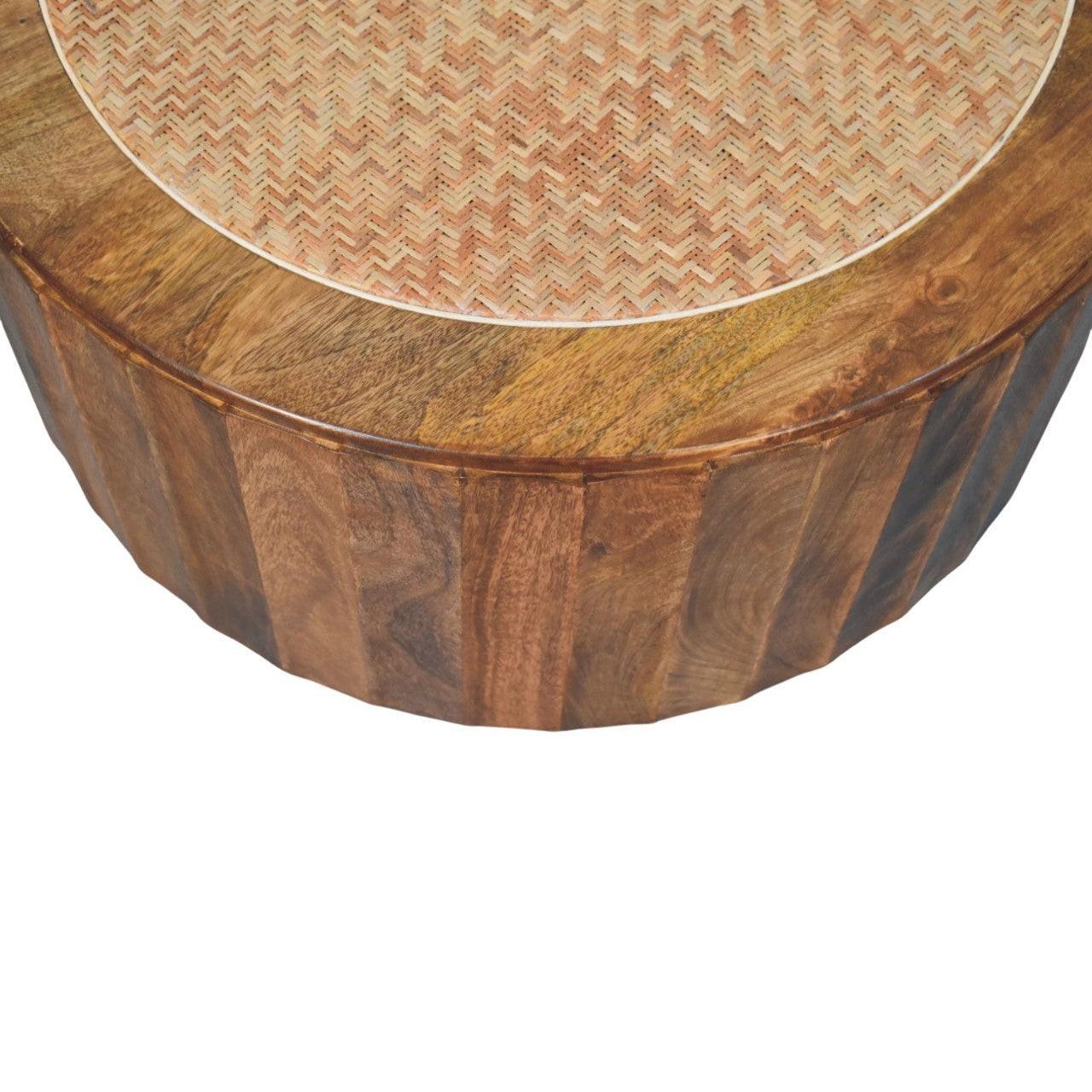 Artisan Solid Wood Coffee Table with Rattan Design.