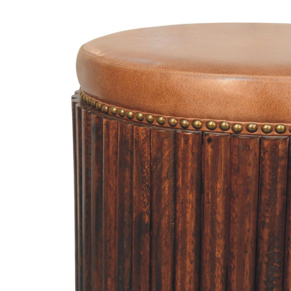 Solid Wood Leather Accent Stool for Modern Bedrooms.