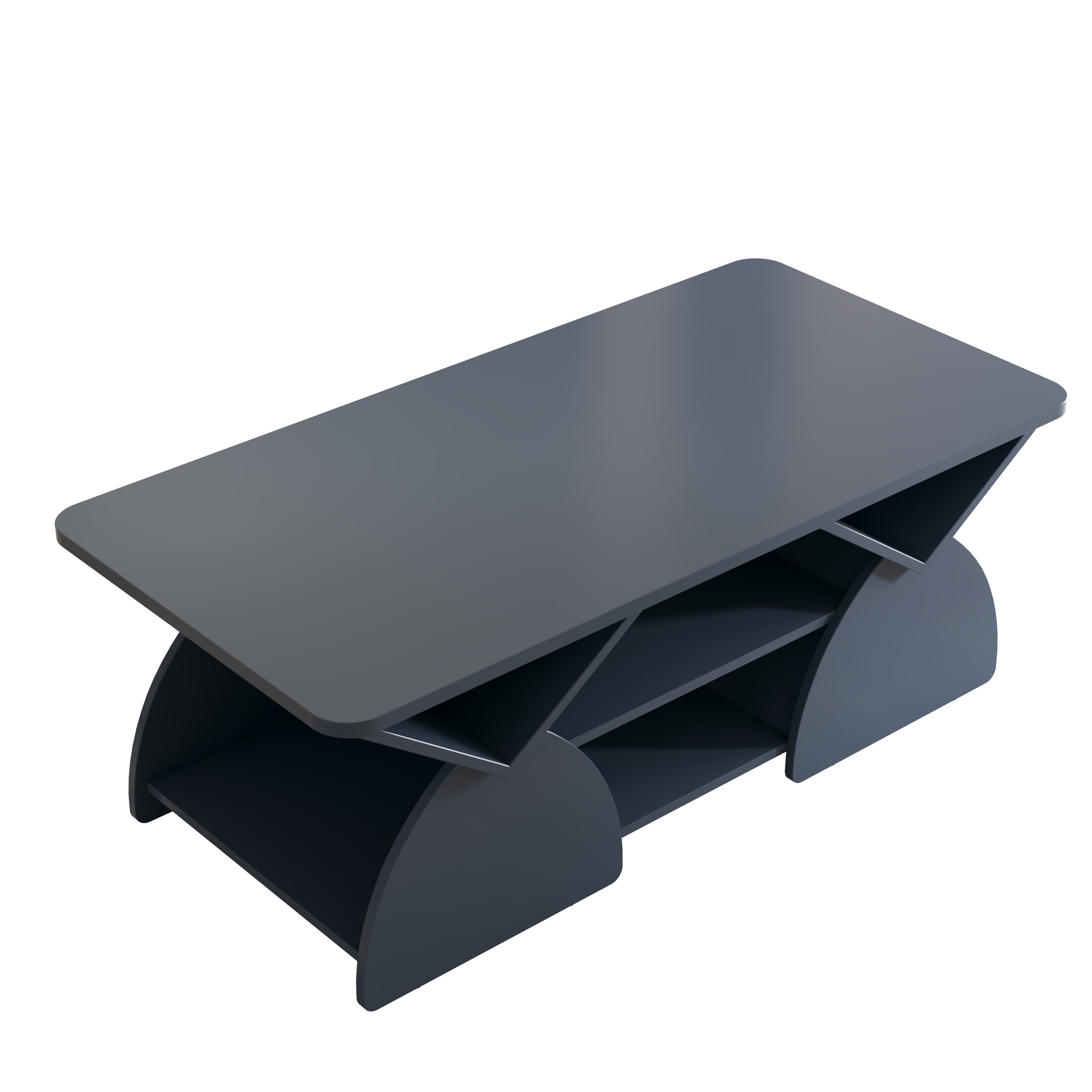 Studio shot of Blue Geometric Coffee Table - Engineered Wood Design, highlighting its modern silhouette and open shelf layout.