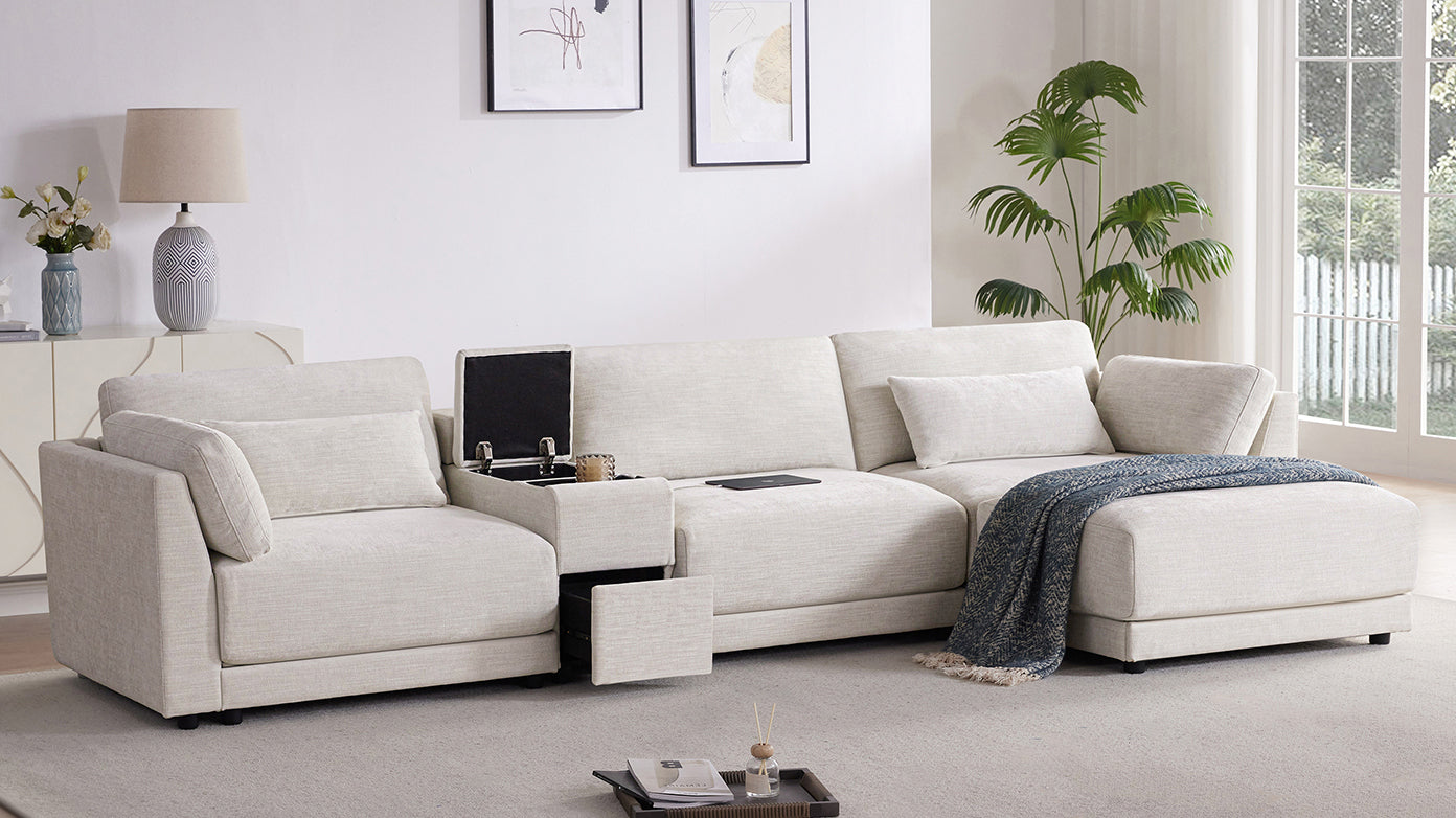 Reversible L-Shaped sectional sofa featuring a central console with storage and charging, ideal for multifunctional living spaces.