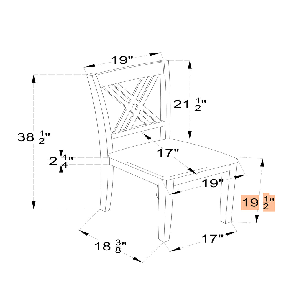Dimension diagram of Amador Cross Back Dining Chair with measurements for height, width, and seat depth.