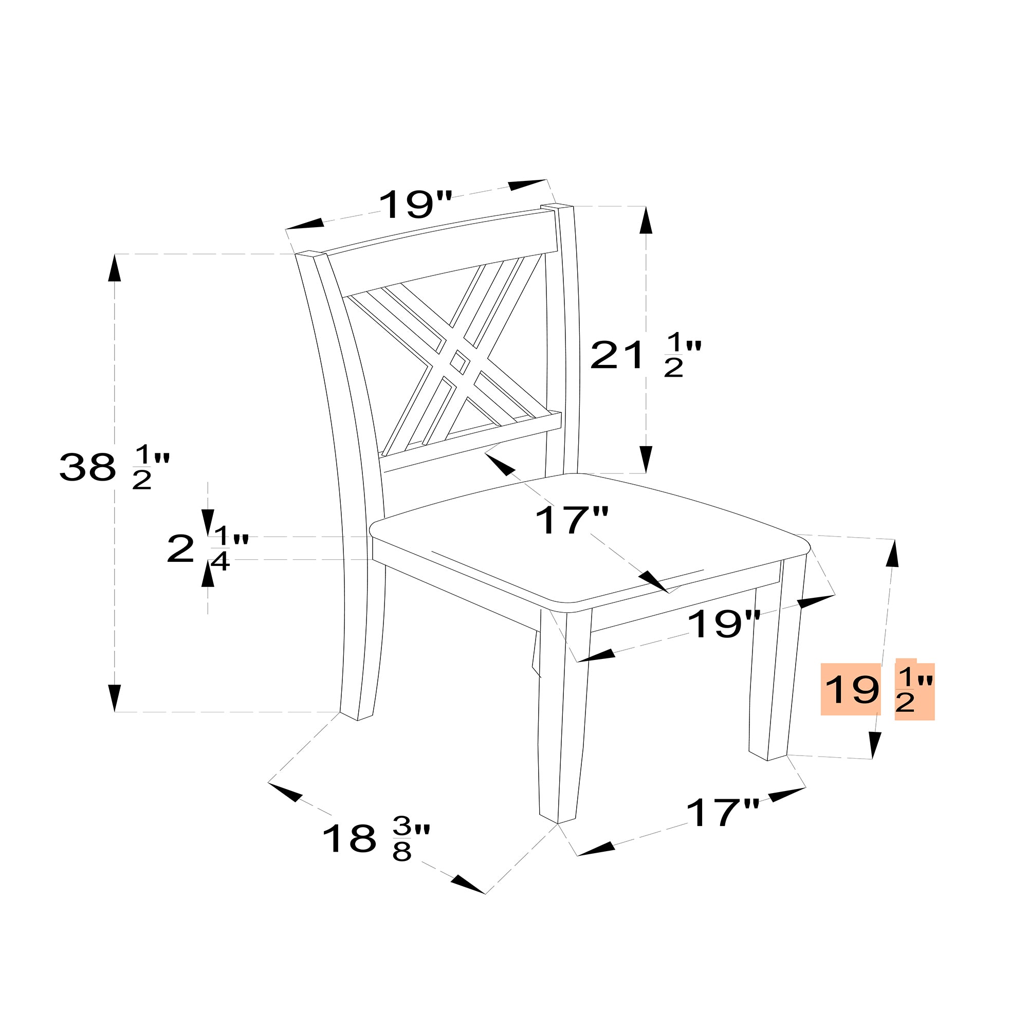 Dimension diagram of Amador Cross Back Dining Chair with measurements for height, width, and seat depth.