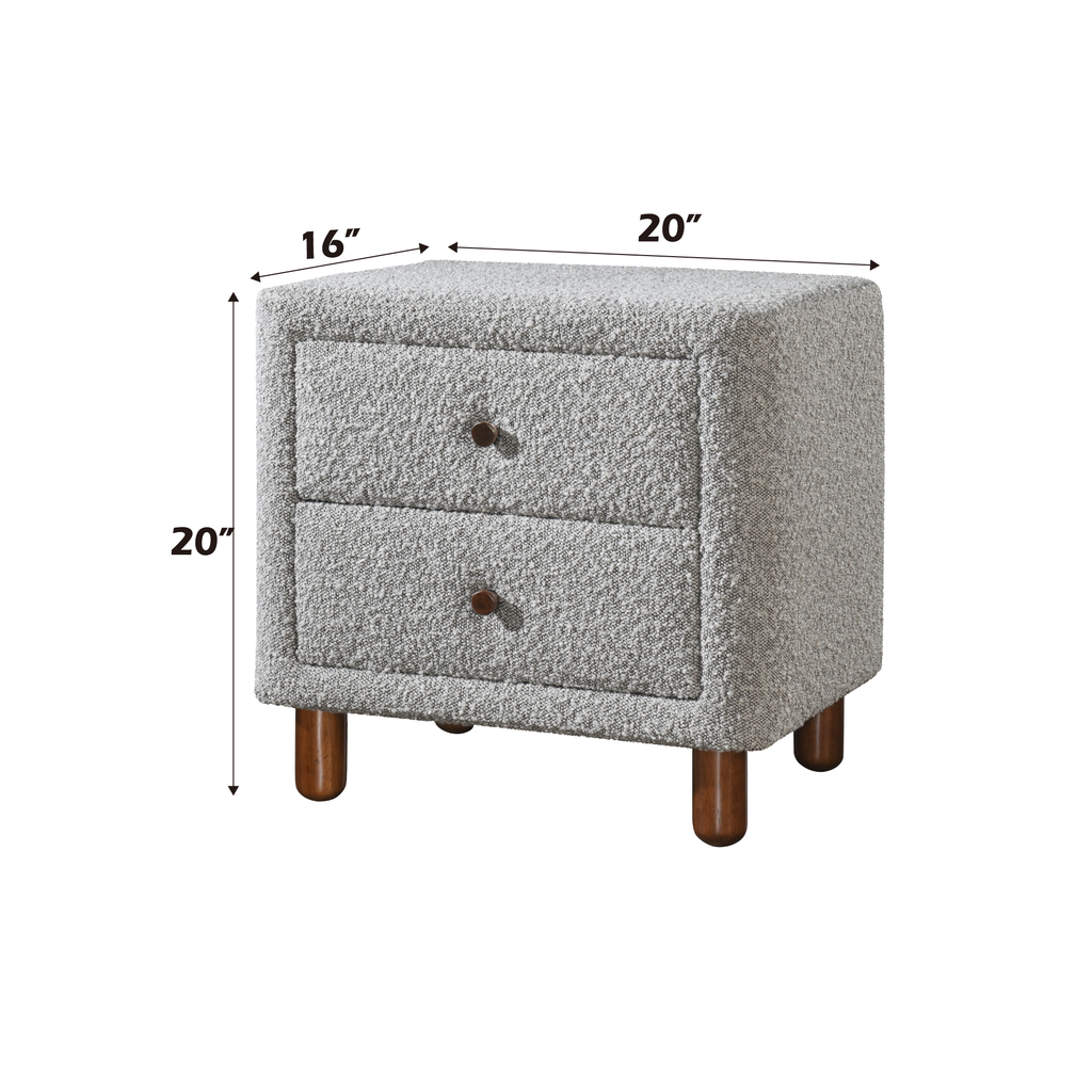 Cleo Gray Boucle Nightstand with dimensions 20x20x16 inches. Stylish bedroom furniture with two drawers and rounded wooden legs.