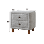 Cleo Gray Boucle Nightstand with dimensions 20x20x16 inches. Stylish bedroom furniture with two drawers and rounded wooden legs.