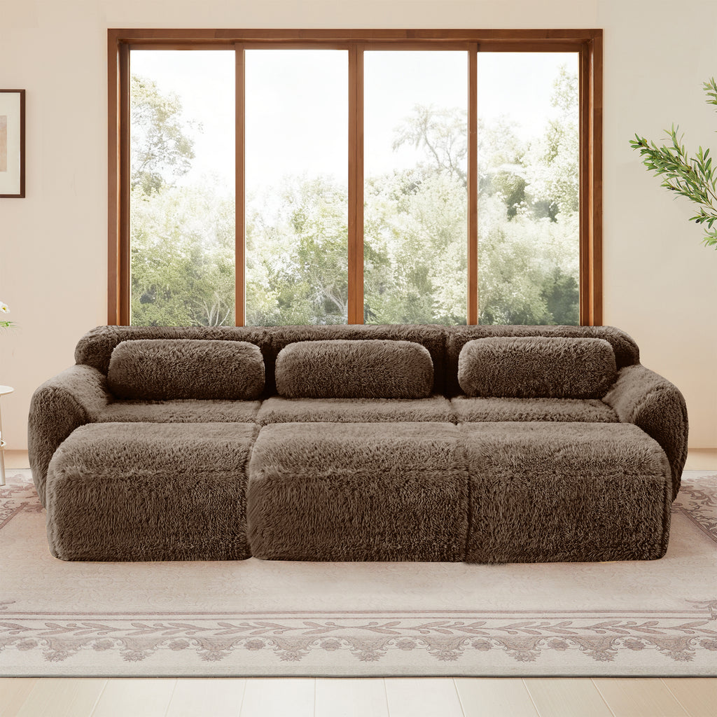 Front view of chocolate modular sofa 3-seater plush fabric with movable ottoman, ideal for cozy and modern interiors.
