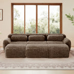 Front view of chocolate modular sofa 3-seater plush fabric with movable ottoman, ideal for cozy and modern interiors.