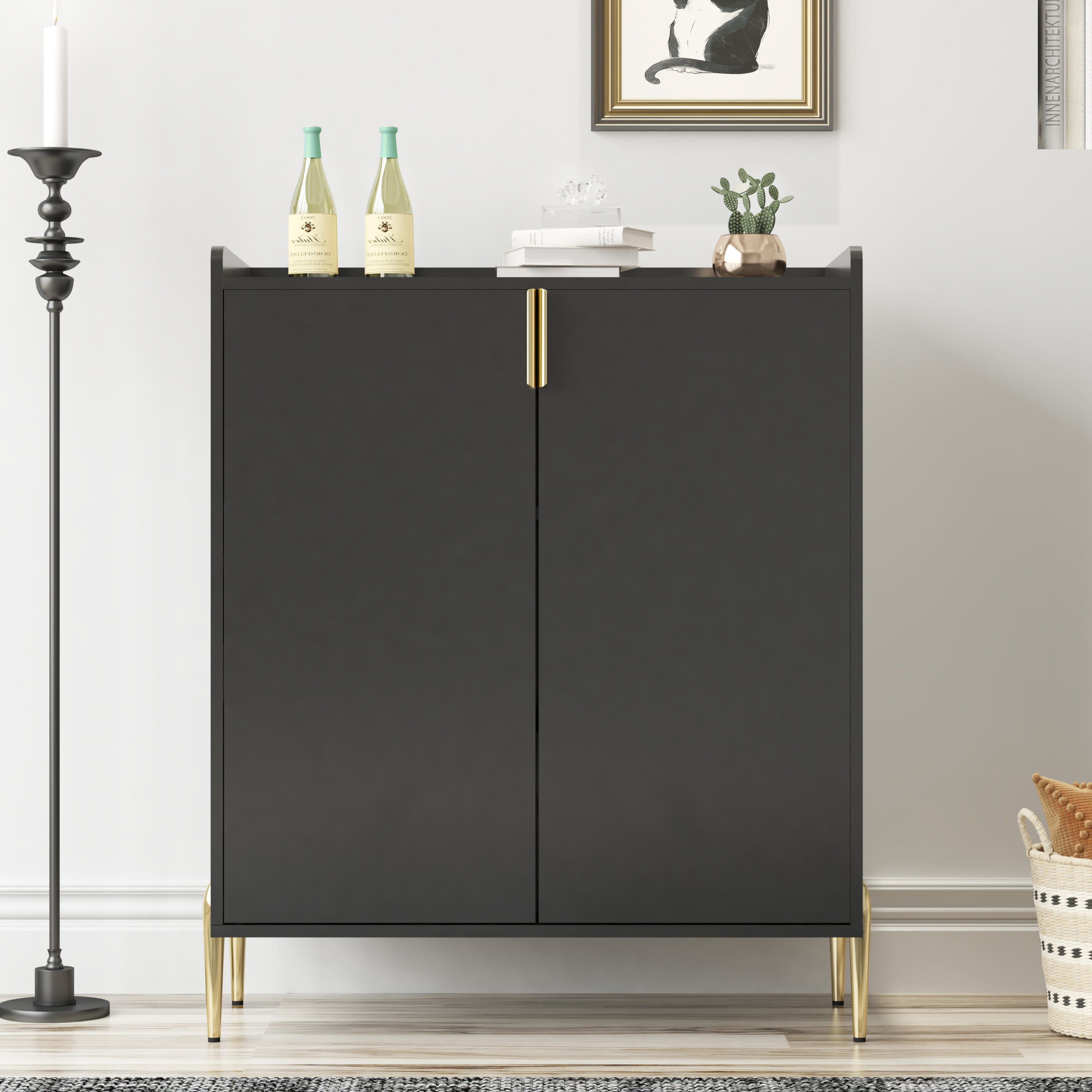 Modern 2-Door Black Wine Bar Cabinet with Adjustable Shelves