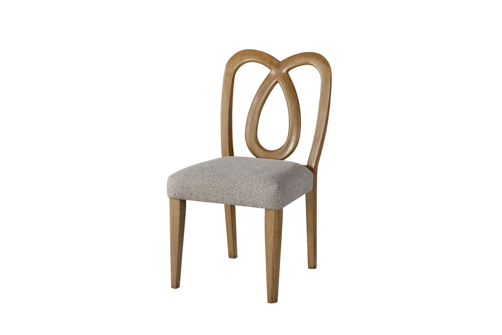 Angled view of Wooden Carved Back Chair Set of 2 with tan finish and cushioned seat, perfect for stylish kitchen or dining room seating.