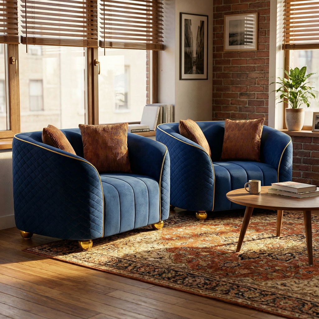FX-P55-1S-RB1-2PCS Luxurious Quilted Blue Armchair.