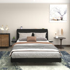 Front view of Queen Floating Bed Frame with LED lights and USB ports. Features modern headboard with built-in storage and side tables.