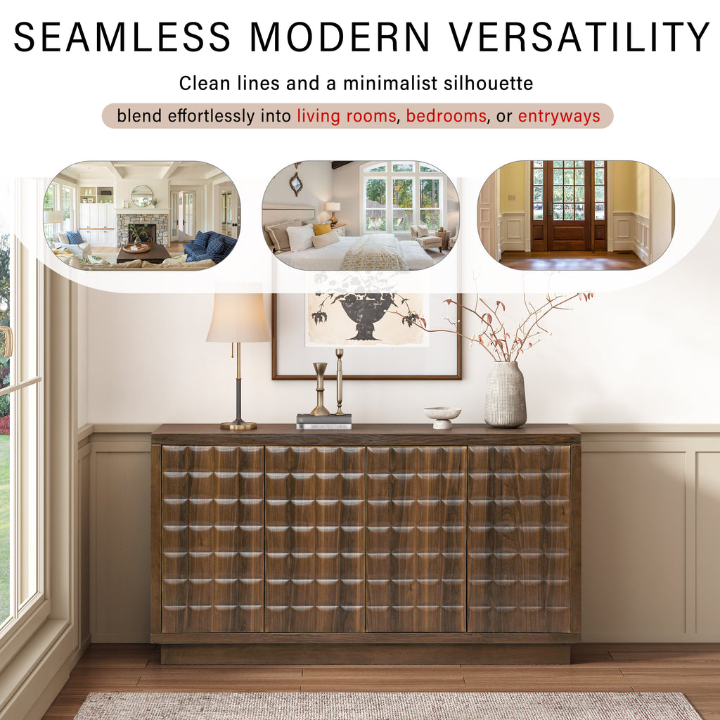 Modern 4-door storage cabinet with geometric doors shown in various home settings, ideal for living rooms and entryways.