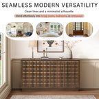 Modern 4-door storage cabinet with geometric doors shown in various home settings, ideal for living rooms and entryways.