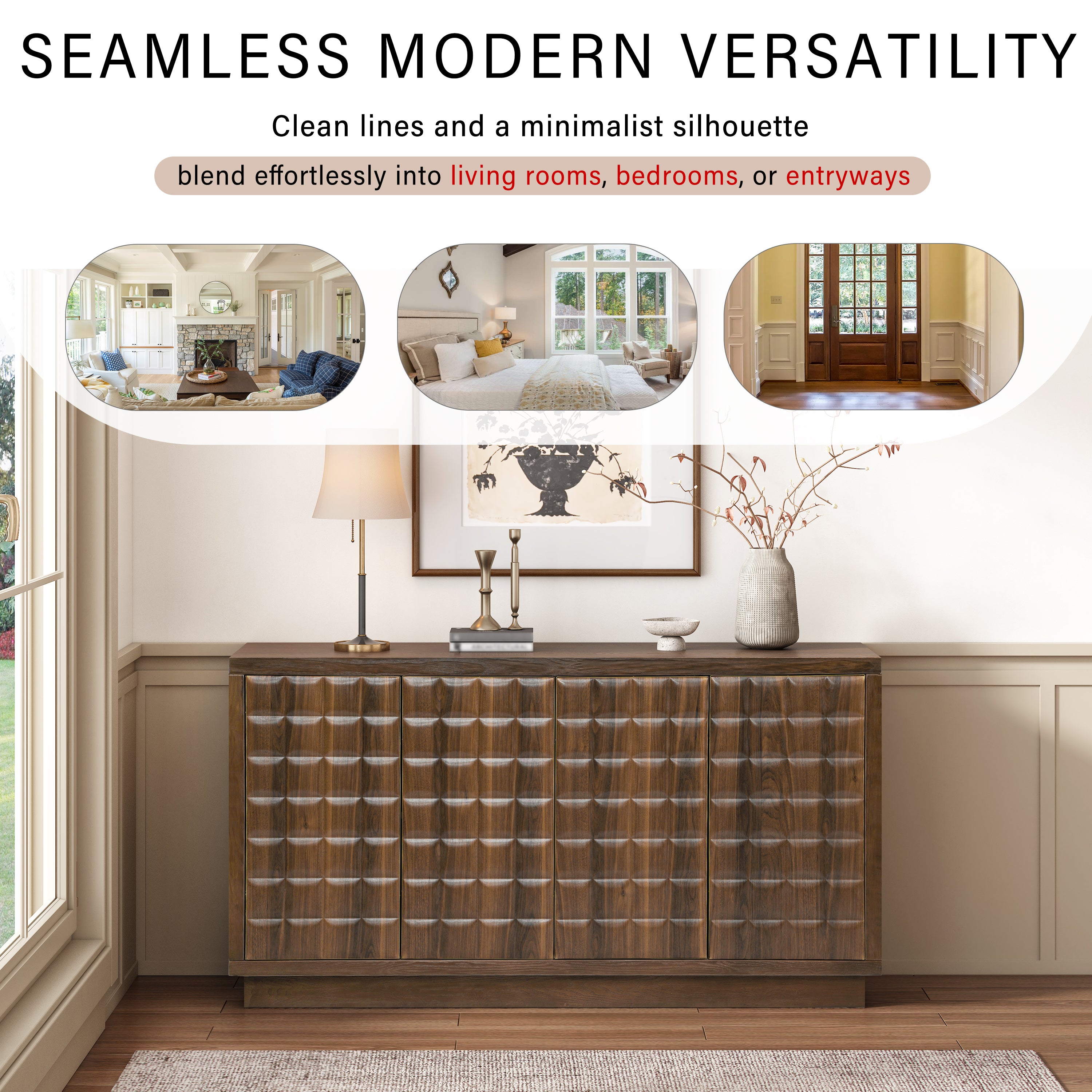 Modern 4-door storage cabinet with geometric doors shown in various home settings, ideal for living rooms and entryways.