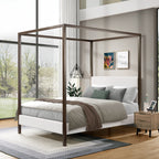 Industrial Luxe Boucle Upholstered Metal Canopy Bed