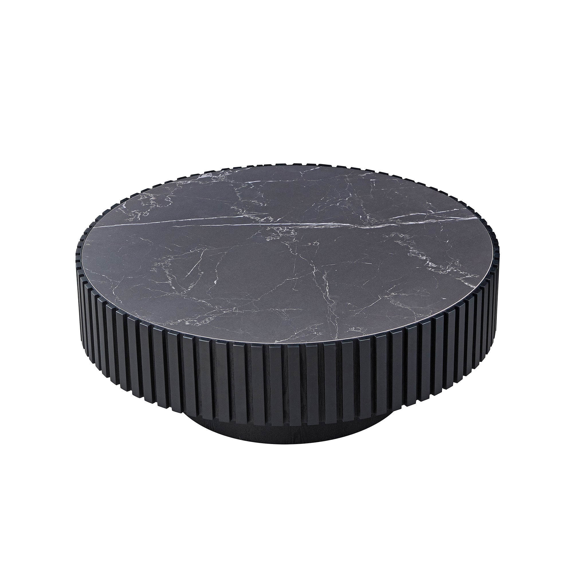 35.43'' sintered stone coffee table in modern black finish featuring a fluted cylindrical base and smooth round top.