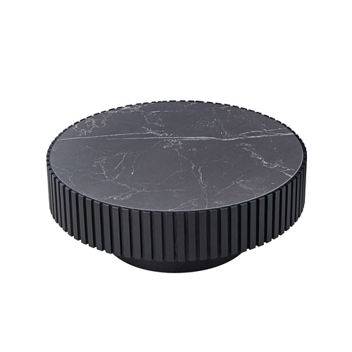 35.43'' sintered stone coffee table in modern black finish featuring a fluted cylindrical base and smooth round top.