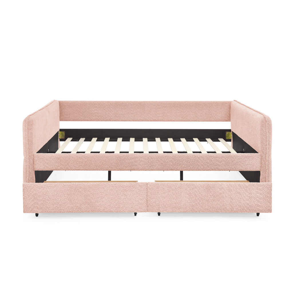 Pink Boucle Queen Size Daybed with Drawers and Eucalyptus Frame
