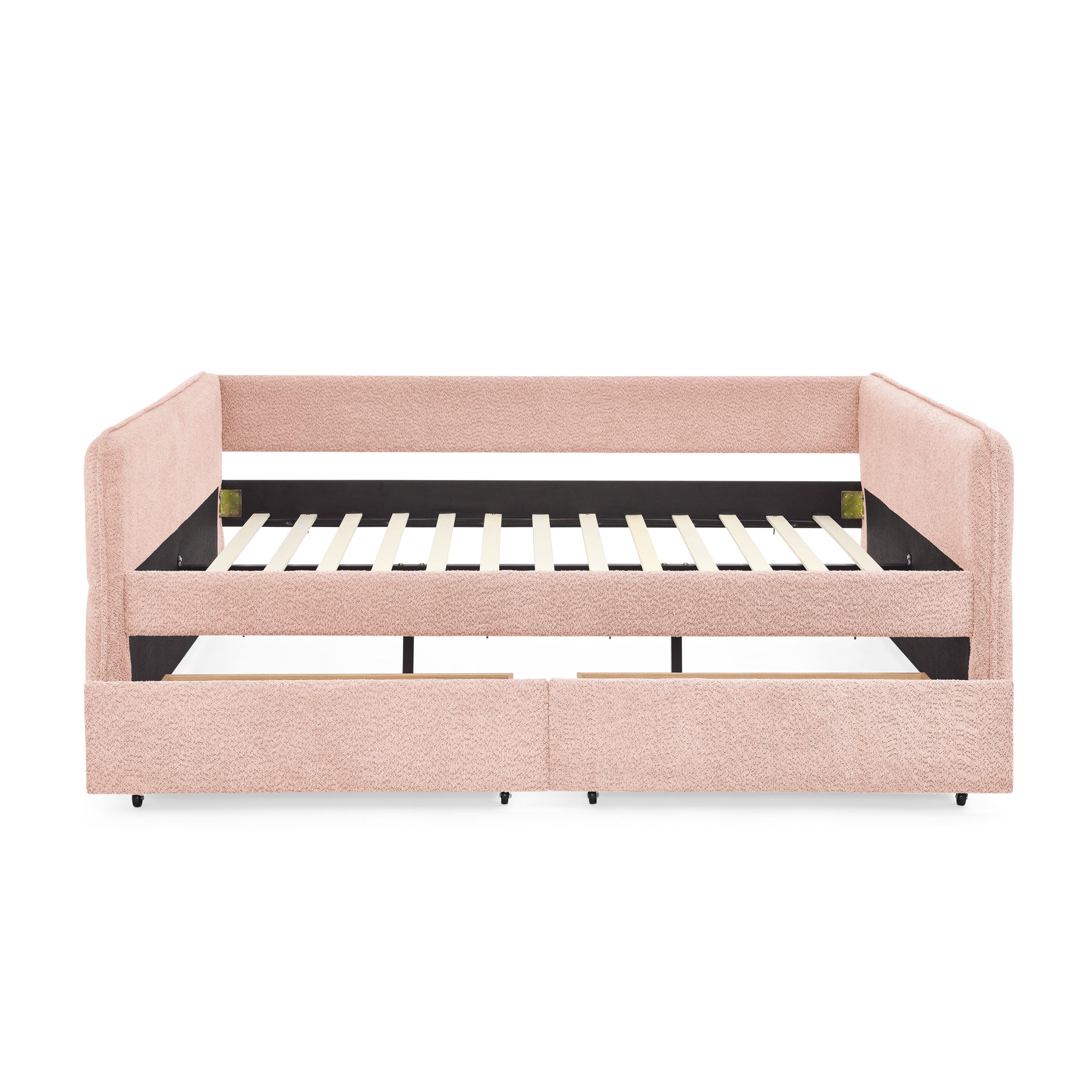Pink Boucle Queen Size Daybed with Drawers and Eucalyptus Frame
