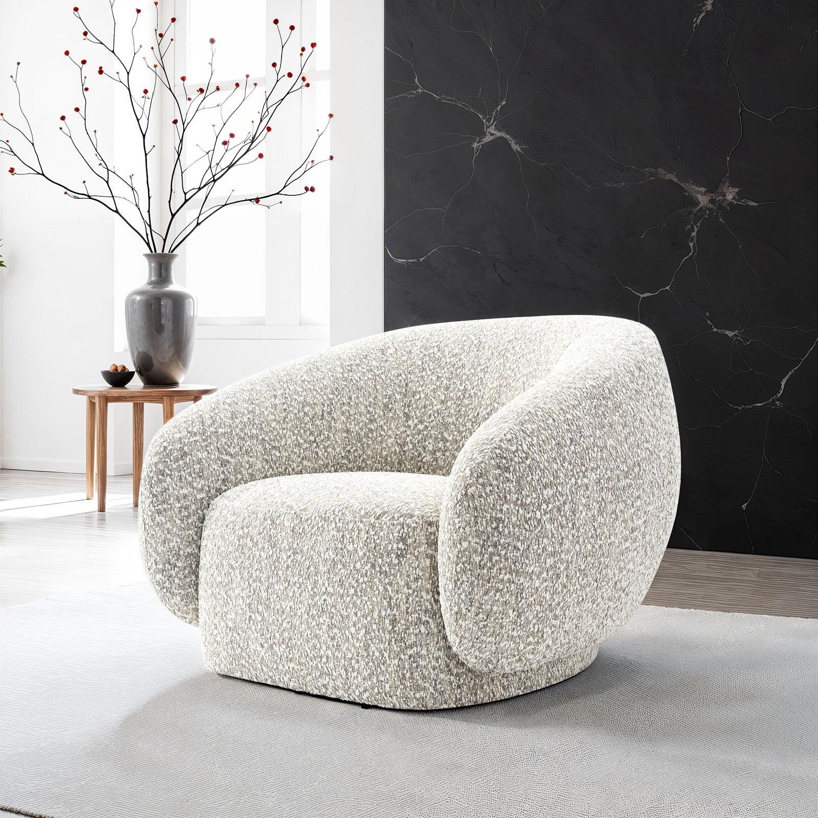 Brown Swivel Chair with Boucle Upholstery.
