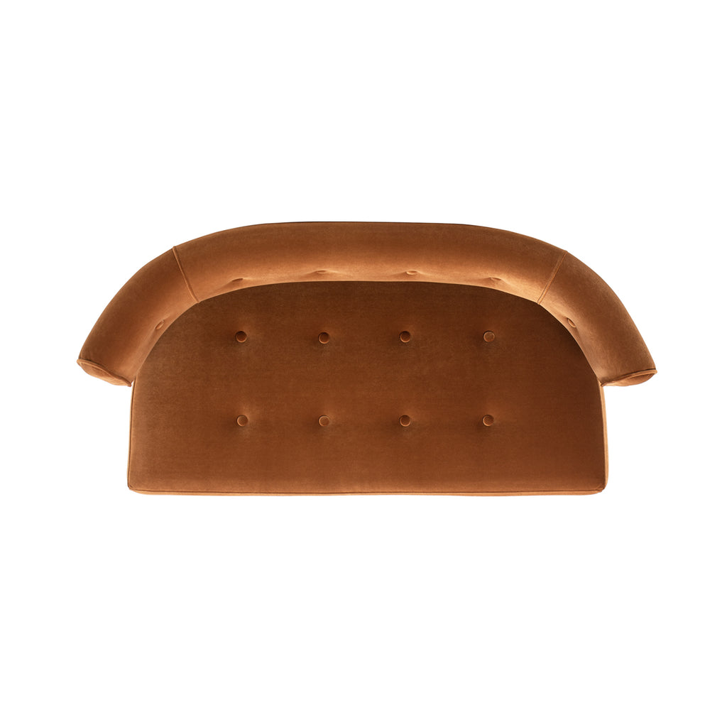 Top view of Burnt Orange Velvet Bench Settee showing curved backrest and button-tufted seat in mid-century style.